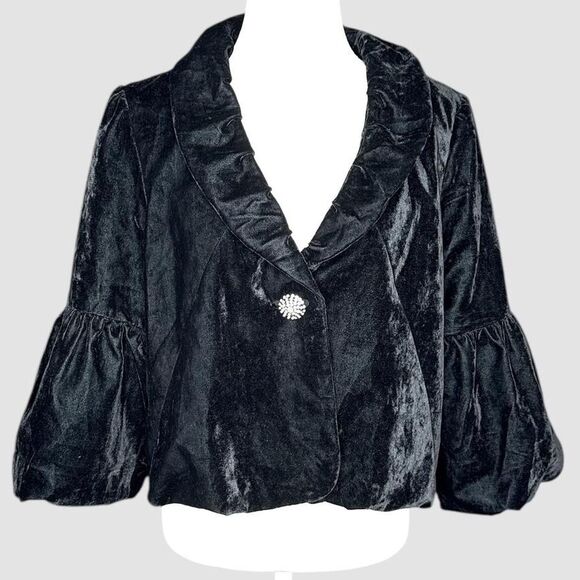 Worthington Jackets & Blazers - Vintage black velvet ruffled puff sleeve cropped jacket.